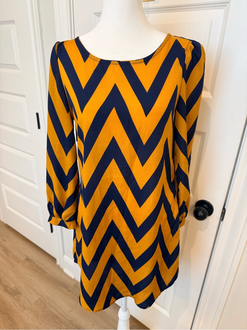 a'gaci Navy and Mustard Chevron Long Sleeve Shift Dress